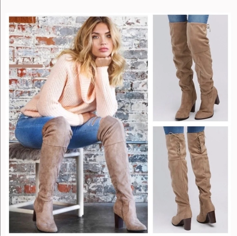 Over The Knee Taupe Vegan Suede Heeled Boots